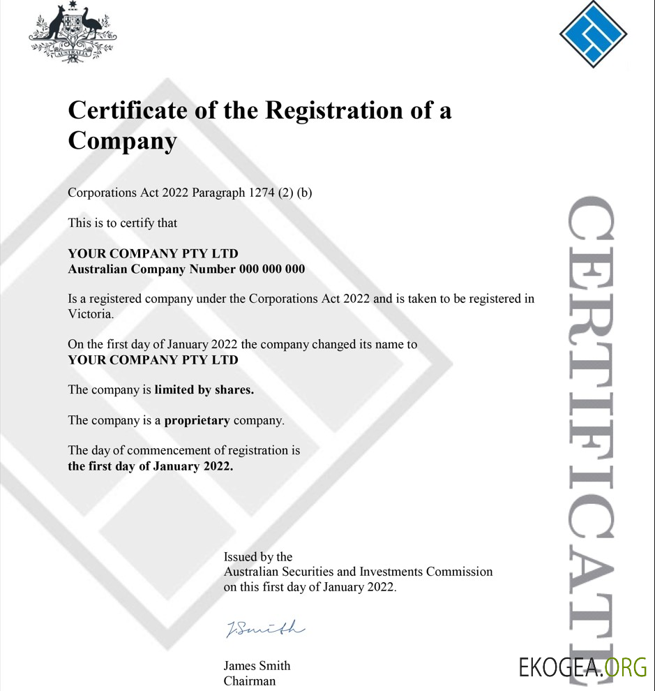 Certificat d'enregistrement de la société 1 de l'Australian Securities and Investments Commission (ASIC)